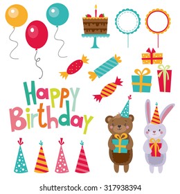 Happy birthday attribute set. Cute bear, Bunny, candy, gifts,cake, balloons, firecrackers.