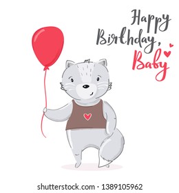 Happy birthday, baby cartoon card design. Cute grey cat character with red balloon vector illustration.