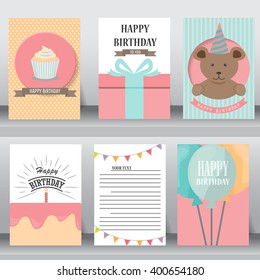 happy birthday, baby shower  greeting and invitation card or note.  there are gift box, balloon, cup cake, teddy bear and confetti. layout template in A4 size. vector illustration. text can be added