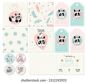 Happy birthday, baby shower for newborn celebration greeting and invitation card or note, stickers and patterns. Vector illustrations with cute panda emotions, hearts, stars. For girls and boys