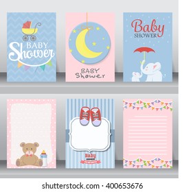 happy birthday, baby shower for newborn celebration greeting and invitation card or note.  there are shoes, moon, dress. layout template in A4 size. vector illustration. text can be added