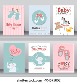 happy birthday, baby shower for newborn celebration greeting and invitation card or note.  there are shoes, elephant, teddy bear, 
brooch, heart, toy. layout template in A4 size. vector illustration.