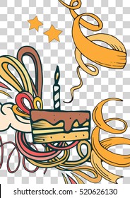 Happy birthday background abstract vector illustration. Party and celebration design cards. Illustration of balloon, gifts, fireworks, ribbon, confetti, cake, pie, drinks. omics style