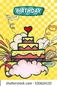 Happy birthday background abstract vector illustration. Party and celebration design cards. Illustration of balloon, gifts, fireworks, ribbon, confetti, cake, pie, drinks. omics style