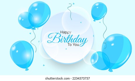 Happy birthday background with balloons, confetti and circular shape in in blue and white color. suitable for greeting card, poster, social media post, etc. vector illustration