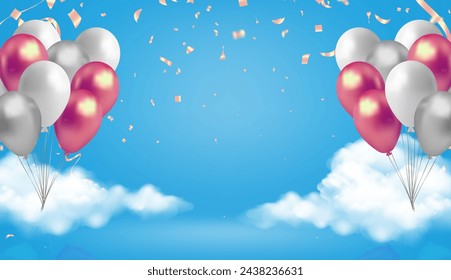 Happy birthday background with balloons, confetti and ribbons. Vector illustration.