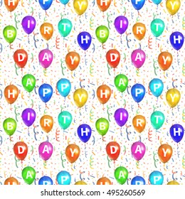 Happy birthday background with balloons and confetti on white, seamless pattern