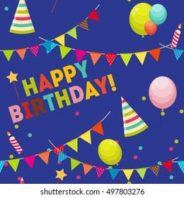 Happy Birthday Background with Balloons, Flags and Stars. Simple Holiday Seamless Pattern. Vector Illustration EPS10