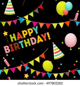 Happy Birthday Background with Balloons, Flags and Stars. Simple Holiday Seamless Pattern. Vector Illustration EPS10