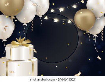 Happy birthday background. Balloons with gift, confettis, sparkles, serpentine on the black background.Banner for birthday card, invitations,sales, promotions. Vector.