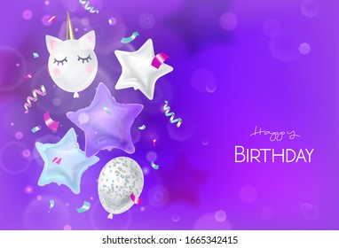 Happy birthday background with balloons in the shape of unicorn and stars. 