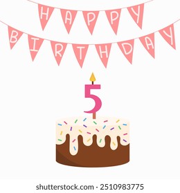 Happy birthday background banner. Greeting card, congratulations. Birthday cake with candle with number 5 . Pink colors, vector simple design