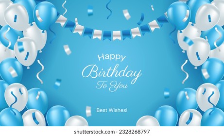 happy birthday background in blue and white color with balloons and confetti. vector illustration