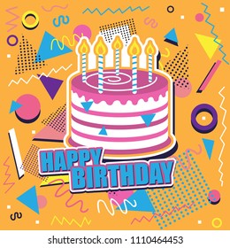 Happy birthday background with cake and abstract design