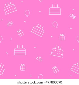 Happy Birthday Background with Cakes, Balloons, Gift Box and Fireworks. Simple Holiday Seamless Pattern. Vector Illustration EPS10