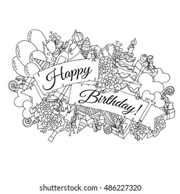 Happy Birthday background for card. Hand drawn doodles gift boxes, garlands and balloons, party blowouts, cakes and candies, birthday pie, party hats and ribbon with congratulation "Happy Birthday"