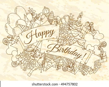 Happy Birthday background for card. Hand drawn doodles gift boxes, garlands and balloons, party blowouts, cakes and candies, birthday pie, party hats and ribbon with congratulation "Happy Birthday"