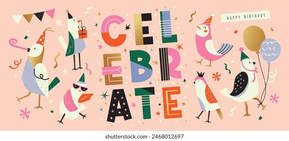 Happy Birthday background with cartoon character party birds and typography design.