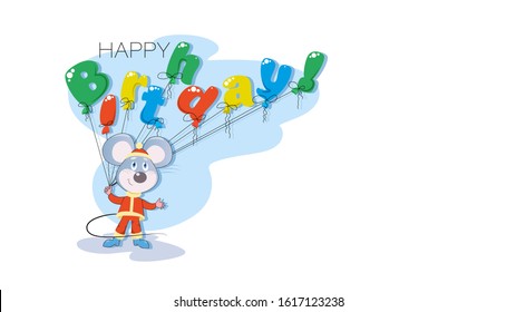 Happy birthday background. Cartoon rat with a greeting. Balloons in the shape of letters. Cute mouse character for postcard, poster or calendar, horoscope with place for text. Chinese symbol of 2020. 