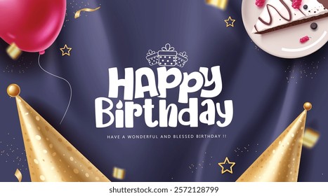 Happy birthday background clipart banner design. Happy birthday greeting text and wishes with gold party hat, balloon and slice cake elements in elegant background. Vector illustration bday party 