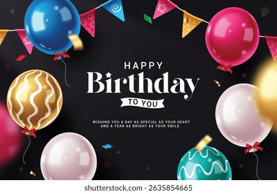 Happy birthday background clipart design. Birthday greeting and wishes with colorful balloons and pennants decoration elements clip art in black background vector illustration.

