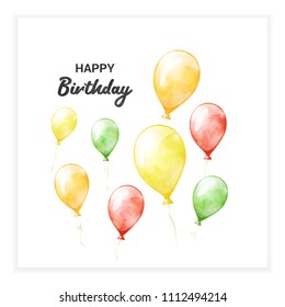 Happy birthday background with colored watercolor balloons. Vector greeting card