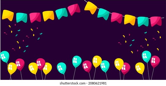 happy birthday background with colorful balloon and party flag