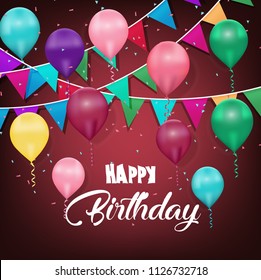 Happy Birthday Background with Colorful Balloons and Flags