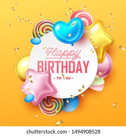 Happy Birthday background with colorful balloons and sweets. Vector illustration.