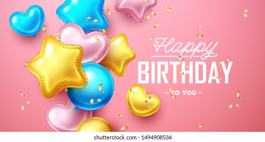 Happy Birthday background with colorful balloons and falling confetti. Vector illustration.