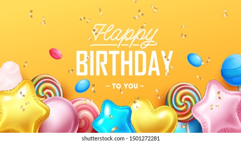 Happy Birthday background with colorful balloons and sweets. 
Vector illustration.