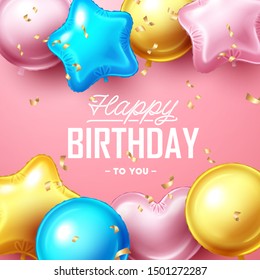 Happy Birthday background with colorful balloons and falling confetti. 
Vector illustration.