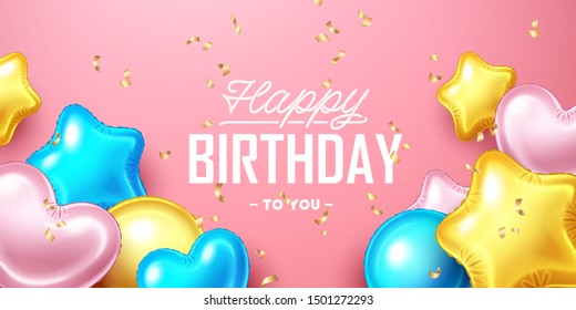 Happy Birthday background with colorful balloons and falling confetti. Vector illustration.