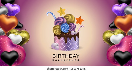 Happy Birthday Background. Colorful balloons heart shape and chocolate cake Vector invitation banner.