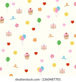 Happy birthday background with cute cat, cupcake, candle, balloons, heart and flower for gift wrap, packaging, birthday party element, wallpaper, backdrop, social media post, print, ad template