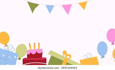 Happy Birthday Background. Day Celebration Decorations, Anniversary Cake, Gift Boxes, Festive Presents, Balloons. Flat Vector Illustration.