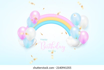 Happy Geburtstag Hintergrund Design für Grußkarte. Geburtstagsbanner mit realistischem Ballon, Regenbogen, Konfetti.