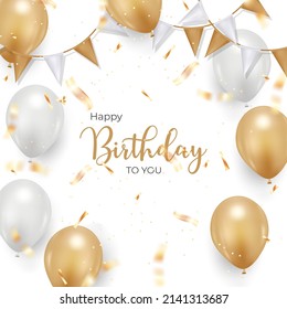 happy birthday background design for greeting card. birthday banner with realistic balloon, rainbow, confetti.