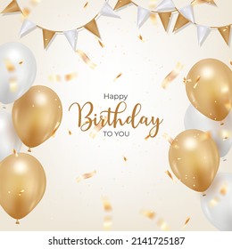 happy birthday background design for greeting card. birthday banner with realistic balloon, rainbow, confetti.