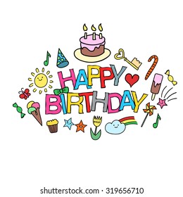 Happy Birthday background with doodles elements. Vector illustration. Happy Birthday Greeting Card.