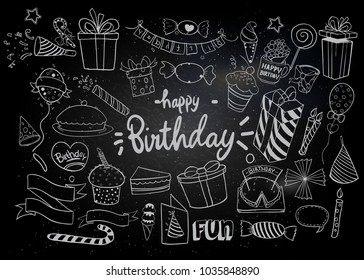 Happy Birthday background. Doodles Birthday sets, party blowouts, party hats, gift boxes and bows. vector illustration chalk texture isolated on black background