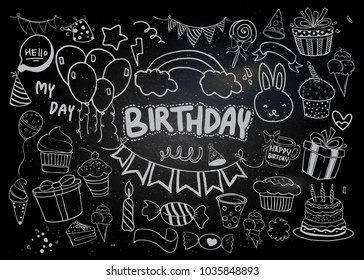 Happy Birthday background. Doodles Birthday sets, party blowouts, party hats, gift boxes and bows. vector illustration chalk texture isolated on black background