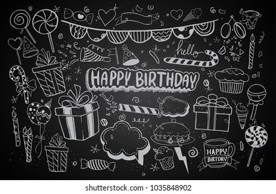 Happy Birthday background. Doodles Birthday sets, party blowouts, party hats, gift boxes and bows. vector illustration chalk texture isolated on black background