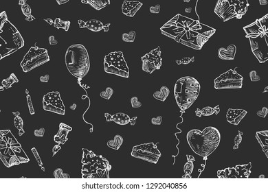 Happy Birthday background. Doodles Birthday sets, party blowouts, party hats, gift boxes and bows. vector illustration chalk texture isolated on black background