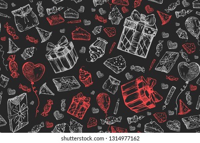 Happy Birthday background. Doodles Birthday sets, party blowouts, party hats, gift boxes and bows. vector illustration chalk texture isolated on black background