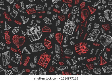 Happy Birthday background. Doodles Birthday sets, party blowouts, party hats, gift boxes and bows. vector illustration chalk texture isolated on black background