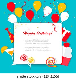 Happy Birthday background with flat icons set, vector illustration. Party and celebration design elements: balloons, confetti and streamers, cupcake, drink, gifts etc.  