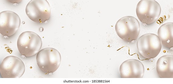 Happy Birthday background. Flat lay horizontal banner with realistic balloons on a white.Top view. Anniversary. Vector.