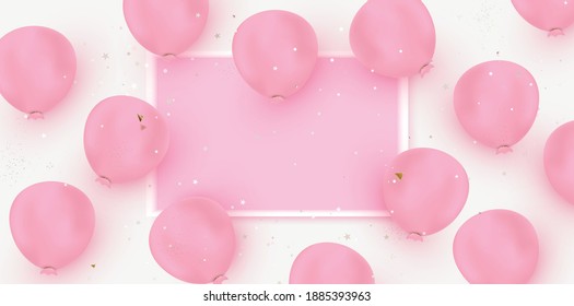 Happy Birthday background. Flat lay horizontal banner with realistic pink balloons on a white.Top view. Anniversary. It's a Girl. Banner for newborn. Realistic vector.