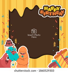 Happy birthday background frame with cute monster characters